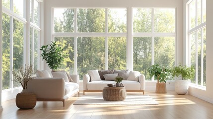Fototapeta premium Beautiful living room interior in new luxury home with open concept floor plan. Shows kitchen, dining room, and wall of windows with amazing exterior, Generative AI