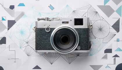 old film photo camera on white abstract background with geometric details