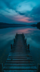 Obraz premium Wooden dock extending into a calm lake reflecting the colorful sunset sky
