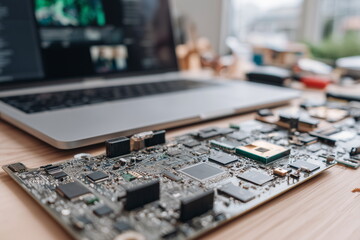 Top-down view of an open laptop showing internal components motherboard, battery, RAM, and SSD placed on a clean workspace, soft natural lighting.