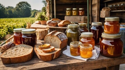 Fototapeta premium Rustic Farm Market Display Honey, Bread, and Preserves