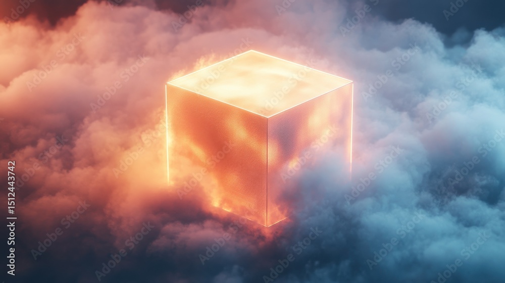 Poster cube with glowing light representing cloud computing and big data transfer on internet technology co