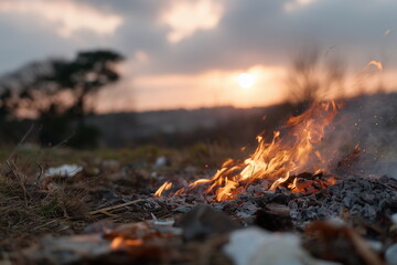 Pile of household rubbish burning in a rural field, smoke rising into the sky, ash and flame details visible, dry grass and trees in background, realistic environmental photo.