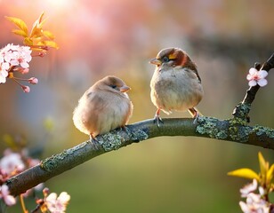 funny little birds sit on a branch in a spring