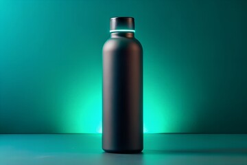 Matte Black Bottle with Neon Glow on Teal Background – Perfect for Product Advertising, Branding, and Packaging Design