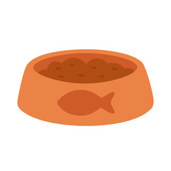 Flat cartoon pet food bowl with fish icon. Vector illustration of orange dish filled with kibble.