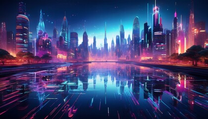 Obraz premium futuristic cityscape bathed in neon lights reflected in tranquil water creating a mesmerizing urban scene at night