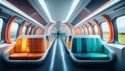 a quiet interior view of a futuristic train with colorful seats futuristic public transport