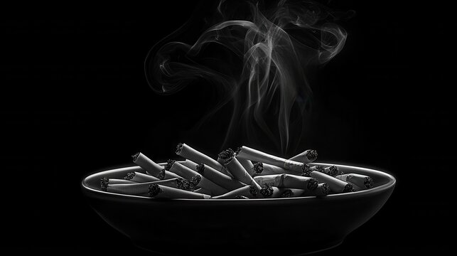 Monochrome image of cigarette butts in an ashtray with smoke swirling upwards, symbolizing the dangers of smoking and addiction.