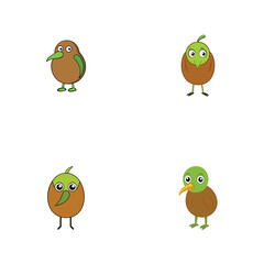Fototapeta premium Four cartoon kiwi birds with different colors and styles standing on a white background isolated art