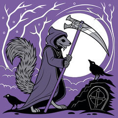 Embrace the whimsical with this spooky t-shirt featuring a sly squirrel in a hooded cloak, wielding a scythe alongside two crows. Perfect for Halloween or those who love unique, playful designs!
