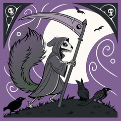 Embrace the whimsical with this spooky t-shirt featuring a sly squirrel in a hooded cloak, wielding a scythe alongside two crows. Perfect for Halloween or those who love unique, playful designs!