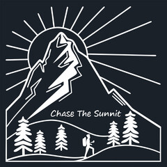 Embark on your outdoor adventures with this stylish t-shirt featuring a mountainous landscape and the inspiring phrase "Chase The Sunnit." Perfect for hikers and nature enthusiasts alike