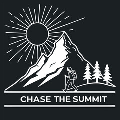 Embark on your outdoor adventures with this stylish t-shirt featuring a mountainous landscape and the inspiring phrase "Chase The Sunnit." Perfect for hikers and nature enthusiasts alike