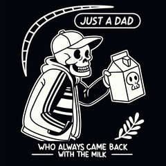 Celebrate fatherhood with this quirky t-shirt featuring a playful skeleton dad holding a milk carton. Perfect for dad humor enthusiasts who appreciate a dash of dark comedy in their wardrobe