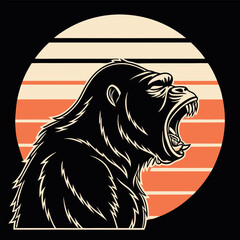 Bold and striking t-shirt design featuring a fierce gorilla in profile, set against a retro sunset backdrop. Perfect for animal lovers and those who appreciate unique graphic art.