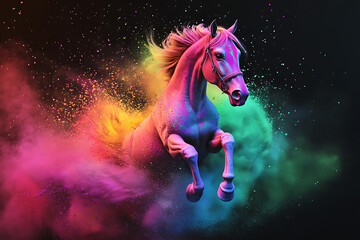 Colorful horse leaping through vibrant powder explosion in a dark background