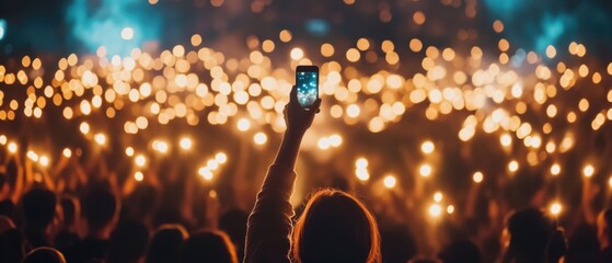 Many fun people lift hand up hold cell phone flash light. Fan crowd wave flashlights. Epic live music concert atmosphere. Big open air k pop arena. Cool night fest. Lot joy men hang out. Kpop chill.