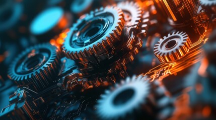 Close-up of mechanical gears intertwined with digital circuits, representing the convergence of traditional machinery and futuristic technology in a dynamic setting.