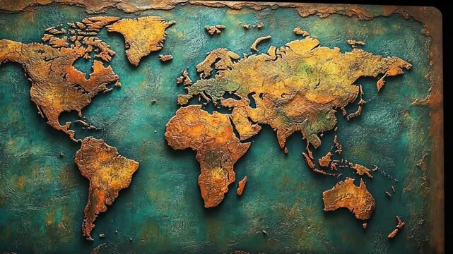 Relief map of the world with an aged antique golden texture on a teal blue background