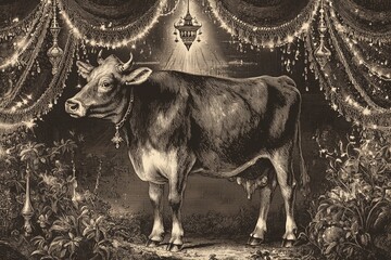 Detailed engraving of a cow amidst bright Eid celebrations, with hanging ornaments and lights accentuating the festive spirit around it.