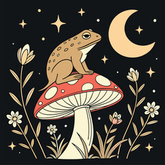 Whimsical and enchanting, this t-shirt design features a dotted frog perched on a vibrant mushroom under a crescent moon. Perfect for nature lovers and those with a flair for the fantastical.