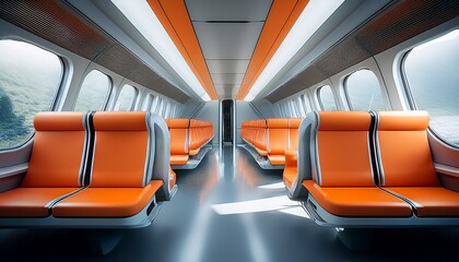 a quiet interior view of a futuristic train with orange seats futuristic public transport