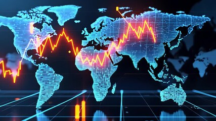Digital world map with fluctuating stock market line graph in red and blue colors, displaying global economic data and financial analytics

 - Powered by Adobe