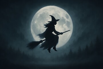 Witch Flying Over Foggy Field with Full Moon, Silhouette Scene - AI generated