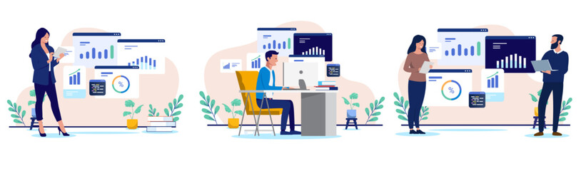 Businesspeople analyse data and reports on various digital interfaces, showcasing financial analysis, marketing analytics, and business intelligence process. Flat design vector illustration graphic