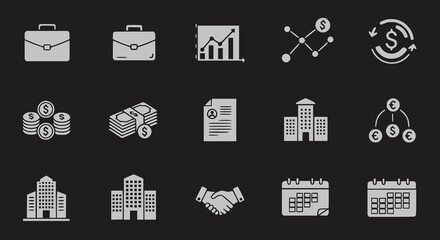 A compilation of business-related icons such as a briefcase, graphs, and buildings on a dark background. Suitable for corporate presentations, financial services, or business applications.