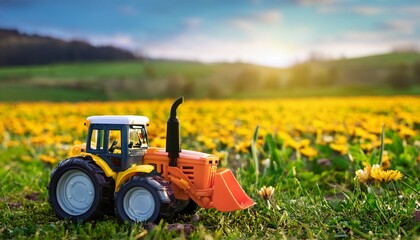 Obraz premium toy tractor on green grass near flower farm field