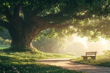 Obraz premium Sunlight filtering through large tree branches illuminates a tranquil park pathway with a bench at dawn