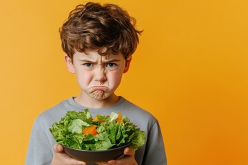 Light brown haired boy shows disappointment while holding a bowl of salad against a bright orange background during a mealtime moment at home