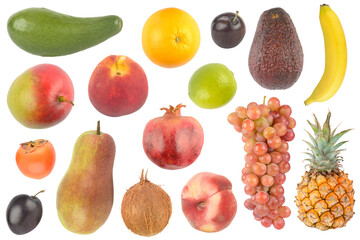 Collection of bright juicy healthy fruits isolated on white