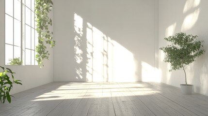 Obraz premium Empty white room with a wooden floor and plants.