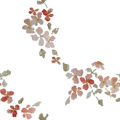 Delicate seamless pattern with a garland motif of flowers painted in watercolor on a transparent background	