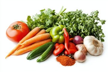 Vibrant fresh vegetables and spices beautifully arranged on a white background highlighting their colors and textures in a culinary display for healthy cooking