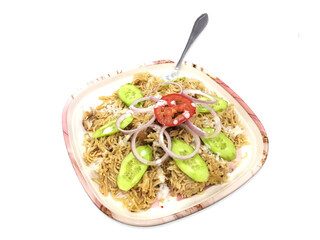 Yummy pulao with salad isolated on the white background