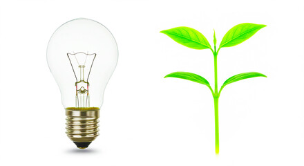 Lightbulb and green plant seedling isolated on white background representing innovation and growth