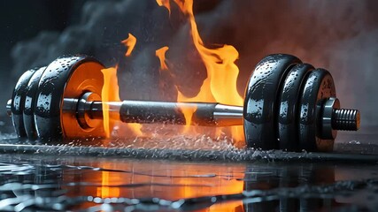 Heavy metal dumbbell resting on wet gym floor with flames rising behind it, creating intense dramatic fitness scene with fire and moisture
- Powered by Adobe