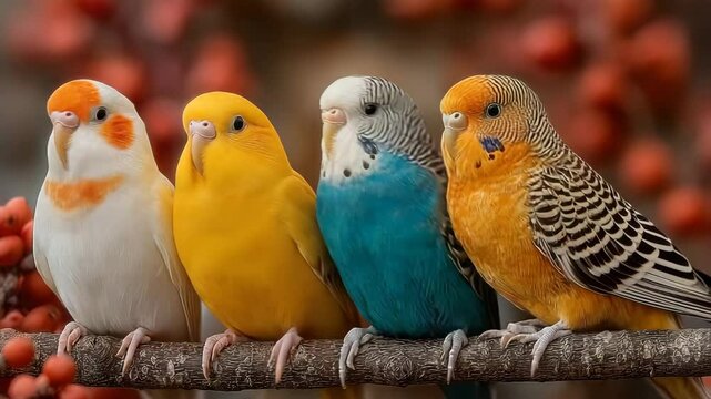 Four Colorful Birds Perched on Branch