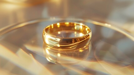 radiant gold ring delicately positioned on a pristine glass table, with soft golden reflections illuminating its contours
