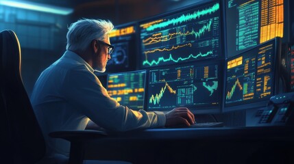 Mature crypto trader investor analyst broker using pc computer analyzing digital cryptocurrency exchange stock market trading graphs report thinking of investing funds risks doing global analysis. il