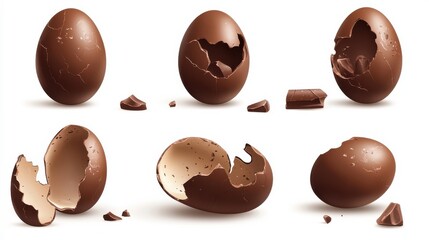 Fototapeta premium Chocolate eggs set. Isolated whole, broken, exploded, cracked and open brown eggs collection. Realistic sweet chocolate candy dessert icons. Vector Easter holiday celebration concept