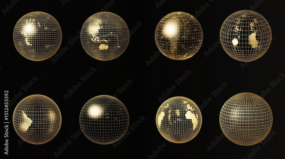 Poster wireframe gold grid globe mesh spherical object set. network line, hud three-dimensional design sphe