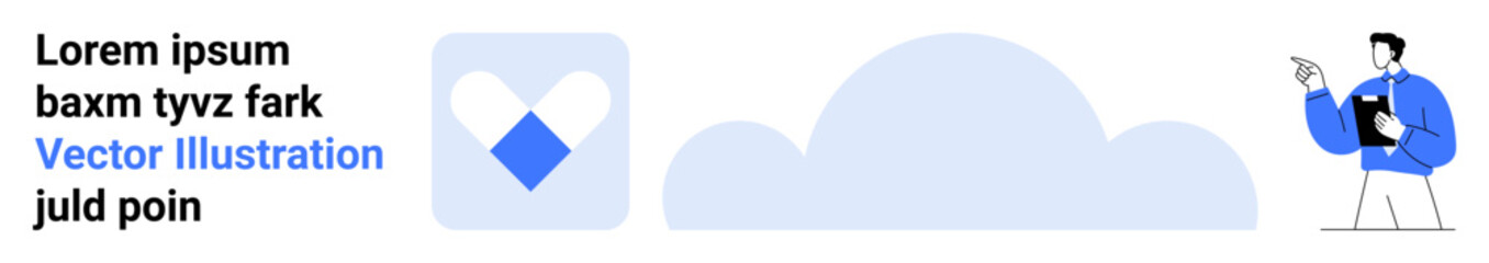 Person pointing at text with clipboard, geometric heart icon, and cloud shape. Ideal for technology, presentation, education, teamwork, branding, creativity simple landing page