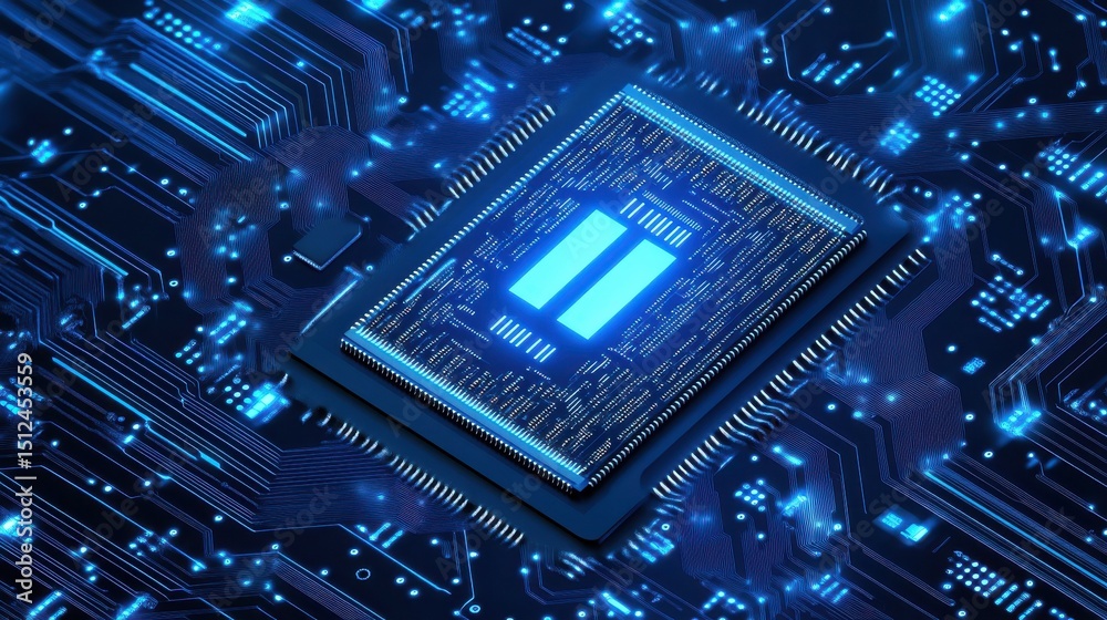 Poster ai chip background on technology blue background. circuit board. ai tech bg. semiconductor or cpu pr