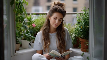 Young woman reading book on window seat with houseplants around. Quiet lifestyle and natural light creates relaxing mood. AI generated.