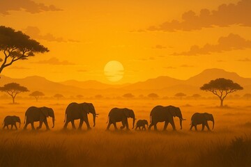 Obraz premium elephants at sunset